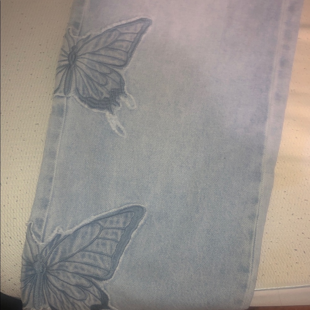 PacSun Light Blue Straight Leg Jeans with Butterfly Embroidery